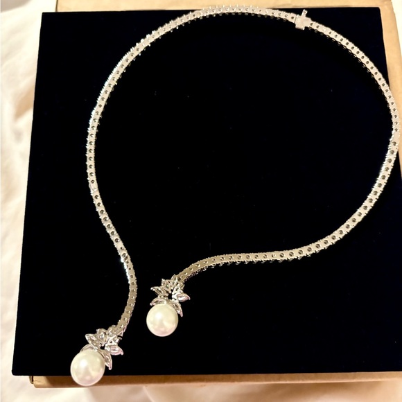 Open Design Round Created Pearl Sapphire Pendant Necklace - Picture 2 of 2